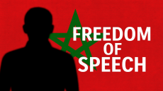 📌 النص البديل (Alt Text): شخص مظلل أمام علم المغرب مع عبارة حرية التعبير باللغة الإنجليزية.