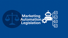 صورة بعنوان "Marketing Automation Legislation" تجمع بين رموز العدالة والروبوت للدلالة على تنظيم الأتمتة التسويقية.