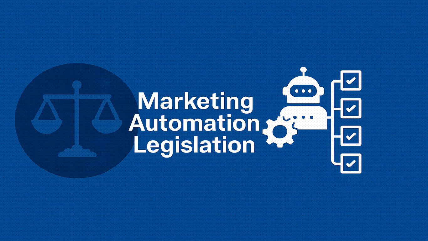 صورة بعنوان "Marketing Automation Legislation" تجمع بين رموز العدالة والروبوت للدلالة على تنظيم الأتمتة التسويقية.
