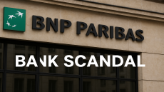 واجهة بنك BNP Paribas مع عبارة Bank Scandal للدلالة على الفضيحة المالية.