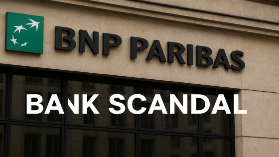 واجهة بنك BNP Paribas مع عبارة Bank Scandal للدلالة على الفضيحة المالية.