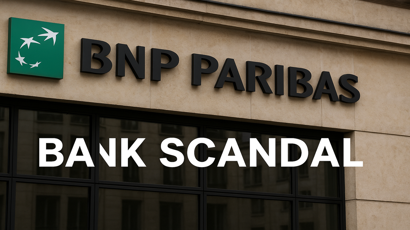 واجهة بنك BNP Paribas مع عبارة Bank Scandal للدلالة على الفضيحة المالية.