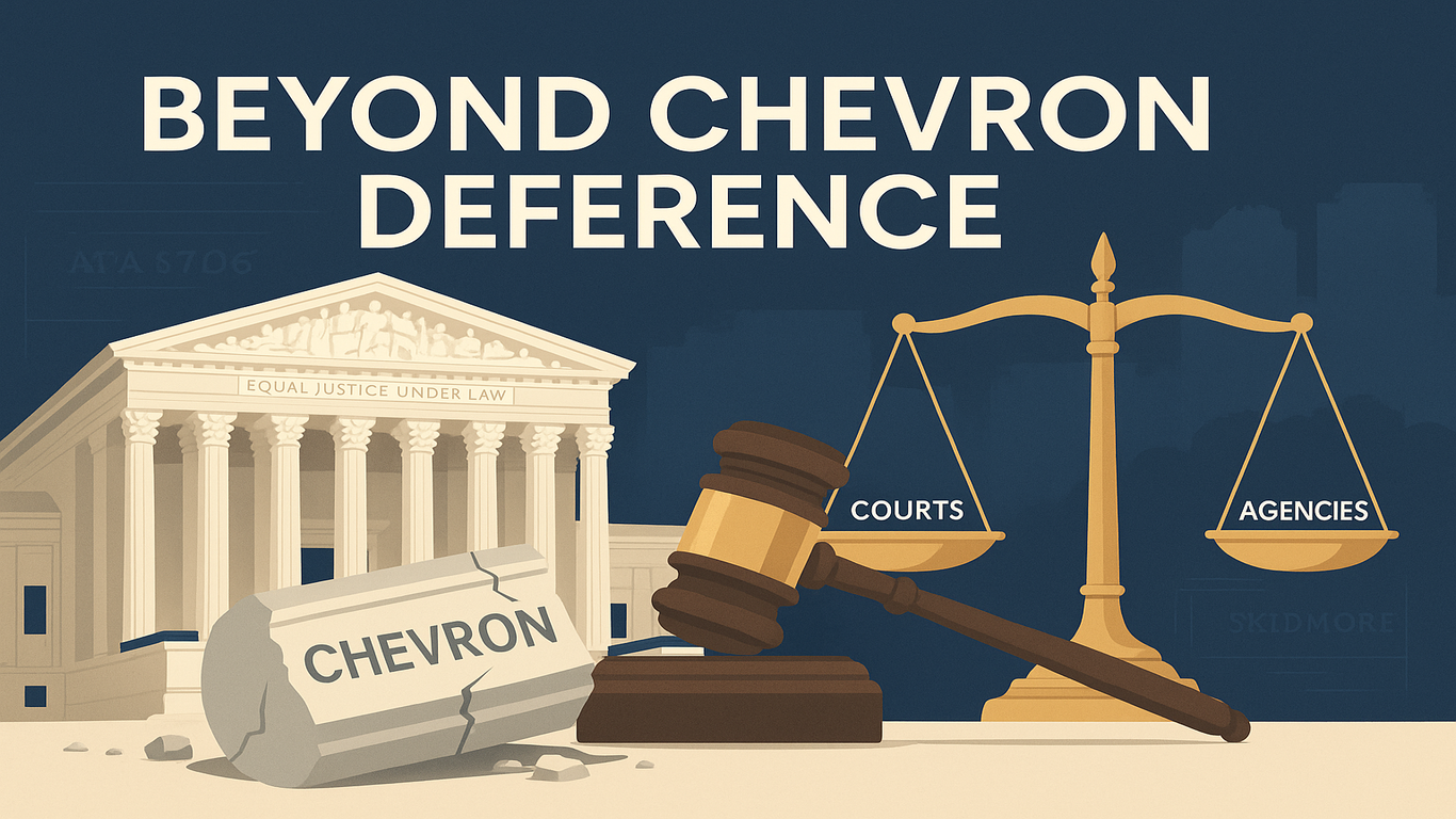 رسم للمحكمة العليا الأمريكية مع عمود مكسور مكتوب عليه CHEVRON وميزان بين COURTS وAGENCIES ومطرقة قاضٍ—دلالة على ما بعد Chevron.
