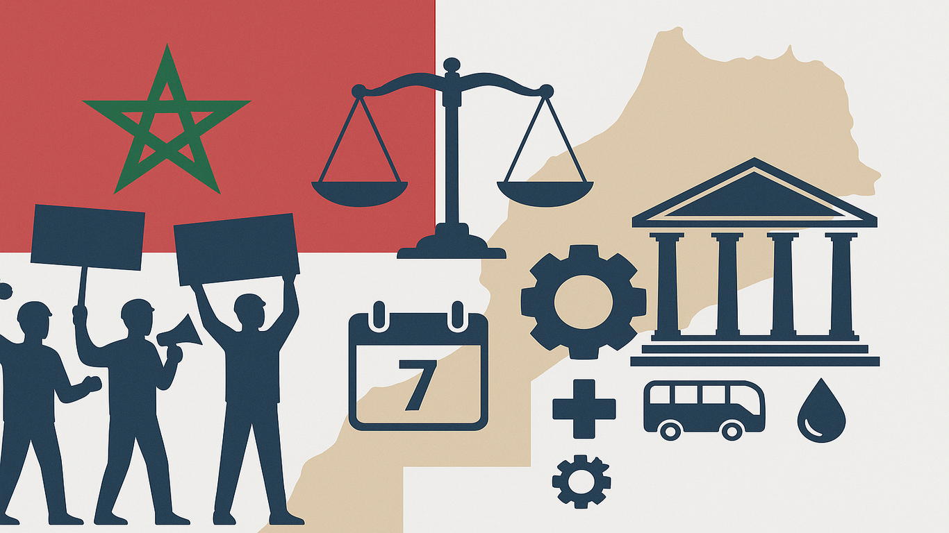 علم وخريطة المغرب، عمّال بلافتات، ميزان عدالة ومحكمة وتقويم برقم 7 مع أيقونات خدمات عامّة—تجسيد بصري لقانون الإضراب 97.15 وآجال الإخطار والخدمات الدنيا.