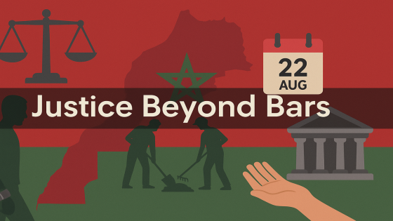 “Justice Beyond Bars” فوق خلفية مغربية مع ميزان عدالة ومحكمة وتقويم 22 AUG وسوار إلكتروني وعملٌ لفائدة المنفعة العامة—تصوير لقانون العقوبات البديلة 43.22 في المغرب.