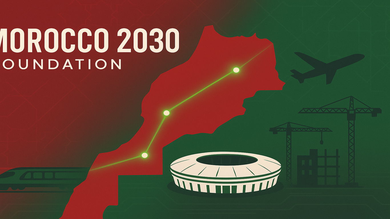 خريطة المغرب بالأحمر مع خط أخضر مضيء يربط المدن، وملعب حديث ورافعات بناء وطائرة وقطار، في لوحة ترمز لمشاريع مؤسسة المغرب 2030.