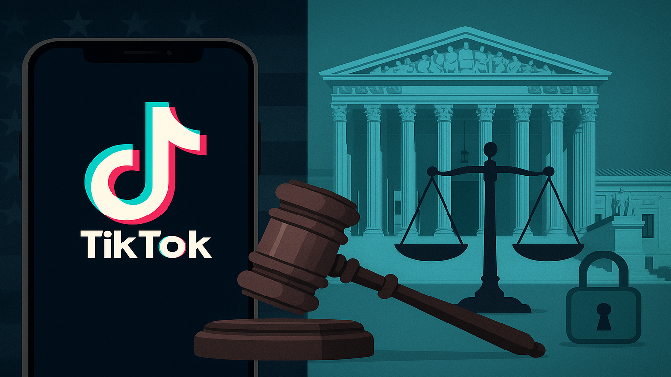 شعار تيك توك على هاتف أمام مبنى المحكمة العليا الأمريكية مع مطرقة قاضٍ وميزان وعدّاد قفل، في إشارة لمعركة قانونية وأمن البيانات.