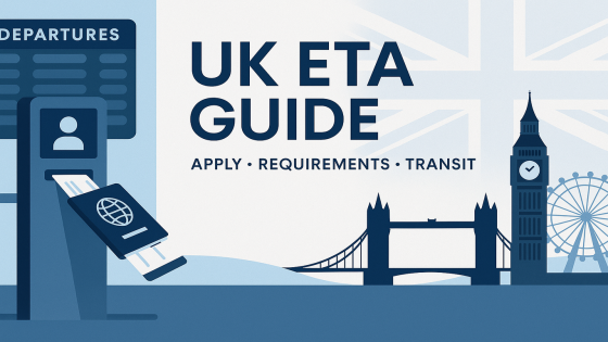 رسمٌ توضيحي لـ“UK ETA GUIDE” مع بوابة مطار بيومترية وجواز سفر ومعالم لندن وخلفية علم المملكة المتحدة، يوحي بإجراءات السفر الرقمية.