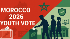 ملصق انتخابي مغربي يُبرز شبابًا يصوتون وصندوق اقتراع وخريطة المغرب، مع العنوان MOROCCO 2026 YOUTH VOTE ورموز للثقة والرقمنة.