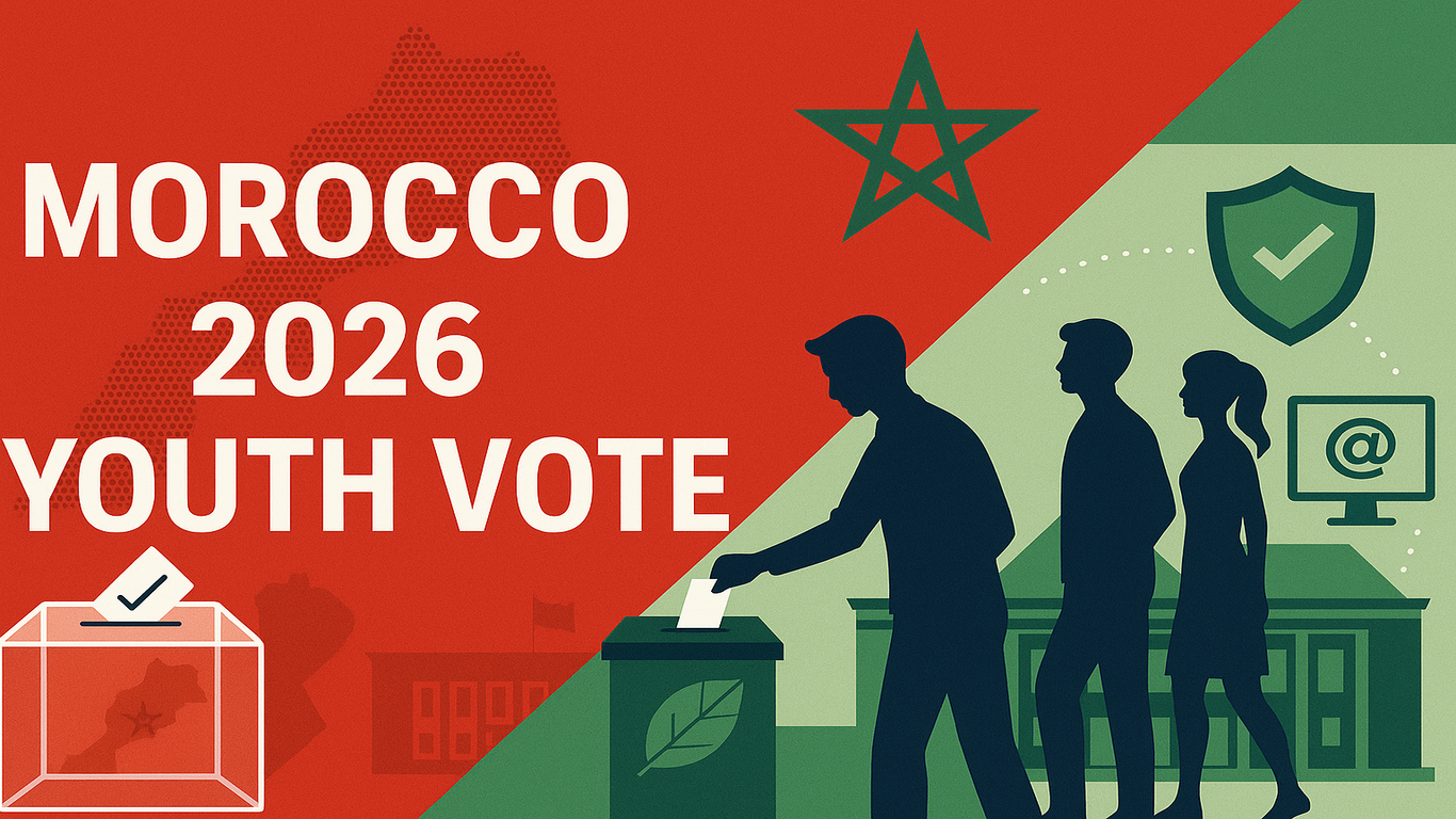 ملصق انتخابي مغربي يُبرز شبابًا يصوتون وصندوق اقتراع وخريطة المغرب، مع العنوان MOROCCO 2026 YOUTH VOTE ورموز للثقة والرقمنة.