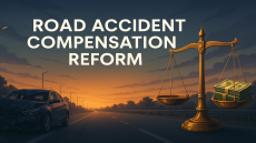 Digital illustration of a sunset highway with a crashed car and a golden scale of justice holding money, with the title “ROAD ACCIDENT COMPENSATION REFORM” in large white text.
