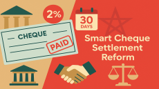 إنفوغرافيك عن إصلاح قانون الشيكات في المغرب يظهر شيكاً مختوماً بـPAID، نسبة 2%، تقويم 30 يوماً، ميزان عدل ومصافحة، وعنوان Smart Cheque Settlement Reform.