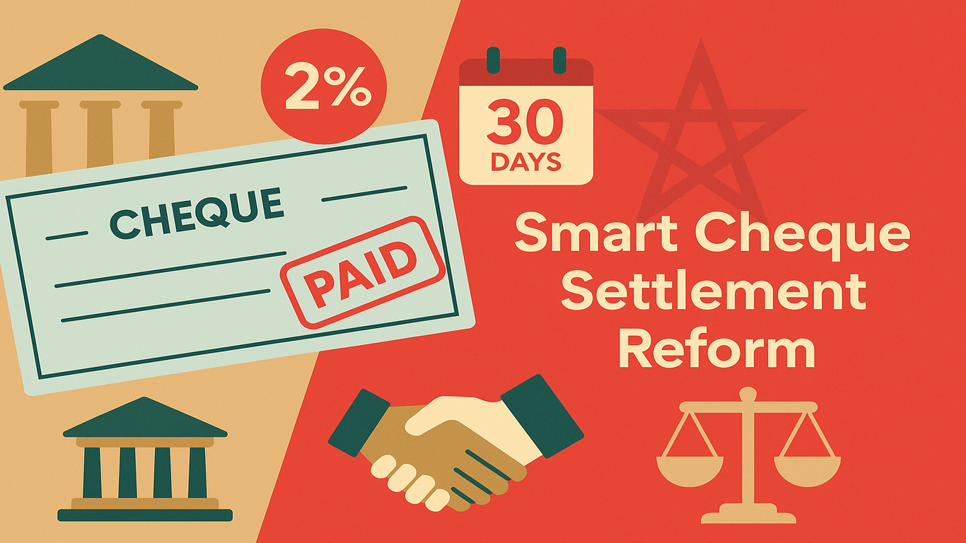 إنفوغرافيك عن إصلاح قانون الشيكات في المغرب يظهر شيكاً مختوماً بـPAID، نسبة 2%، تقويم 30 يوماً، ميزان عدل ومصافحة، وعنوان Smart Cheque Settlement Reform.