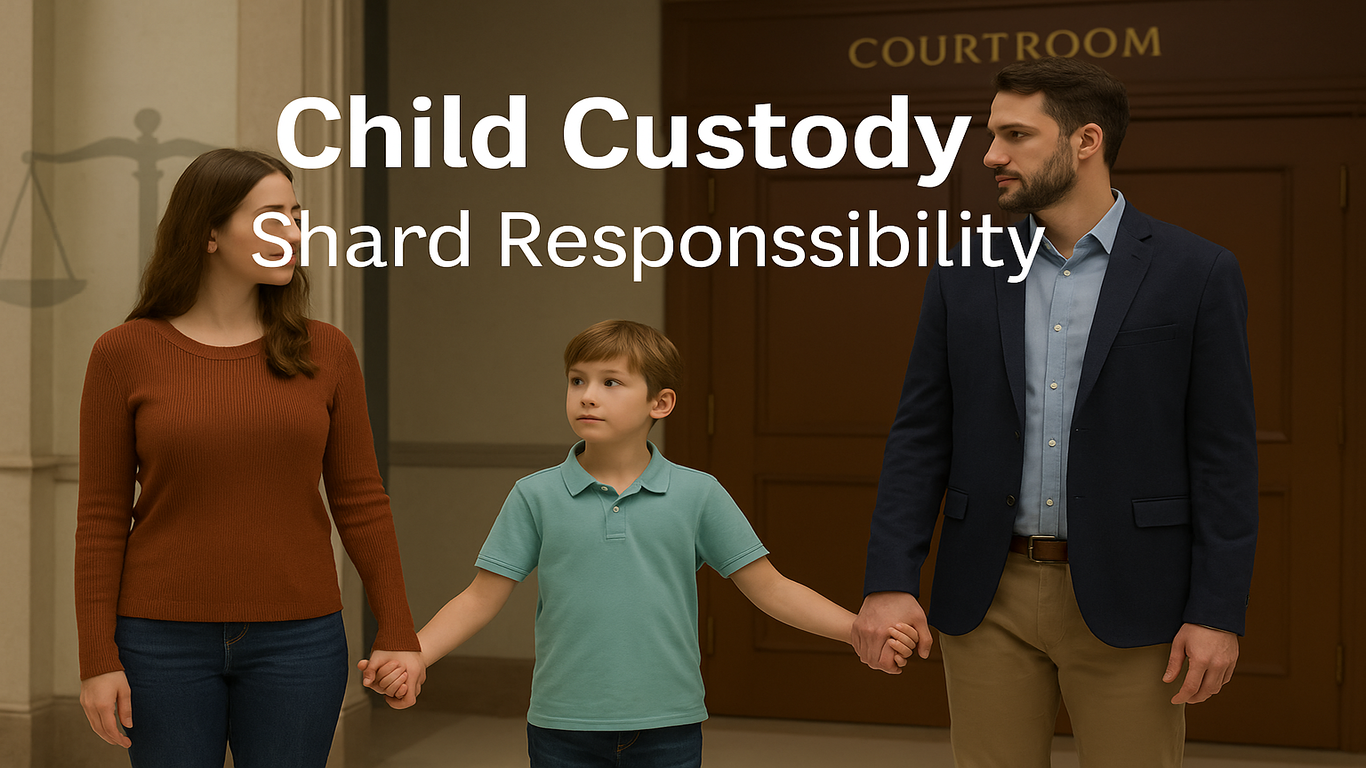 طفل يمسك بيد أمه وأبيه أمام باب محكمة الأسرة مع عبارة Child Custody – Shared Responsibility للدلالة على الحضانة والولاية المشتركة وحماية حقوق الطفل بعد الطلاق.