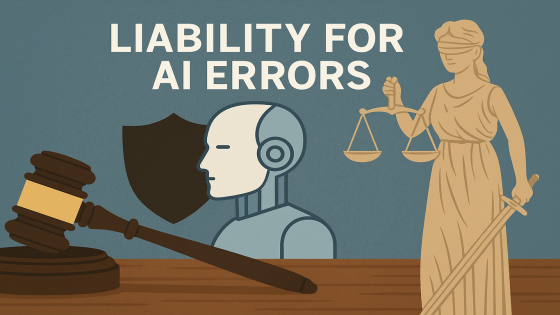 رسم توضيحي قانوني يجمع بين مطرقة القاضي وسيدة العدالة وروبوت يرمز للذكاء الاصطناعي مع عنوان بالإنجليزية "LIABILITY FOR AI ERRORS" للتعبير عن مسؤولية أخطاء الذكاء الاصطناعي في القضايا القانونية.