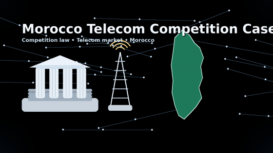 تصميم بصري يجمع بين رمز القضاء (واجهة محكمة) ورمز الاتصالات (برج إرسال وإشارات الشبكة) مع خريطة المغرب وخطوط شبكة رقمية، ليعكس مضمون المقال حول نزاع المنافسة والتعويضات في قطاع الاتصالات المغربي.