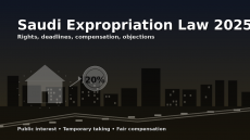 تصميم توضيحي يظهر منزلًا وحدود ملكية مع سهم نحو شارة 20% وخلفية طريق ومبانٍ ترمز لمشاريع البنية التحتية، ويتضمن نصًا بالإنجليزية “Saudi Expropriation Law 2025” للدلالة على نظام نزع الملكية ووضع اليد المؤقت في السعودية.