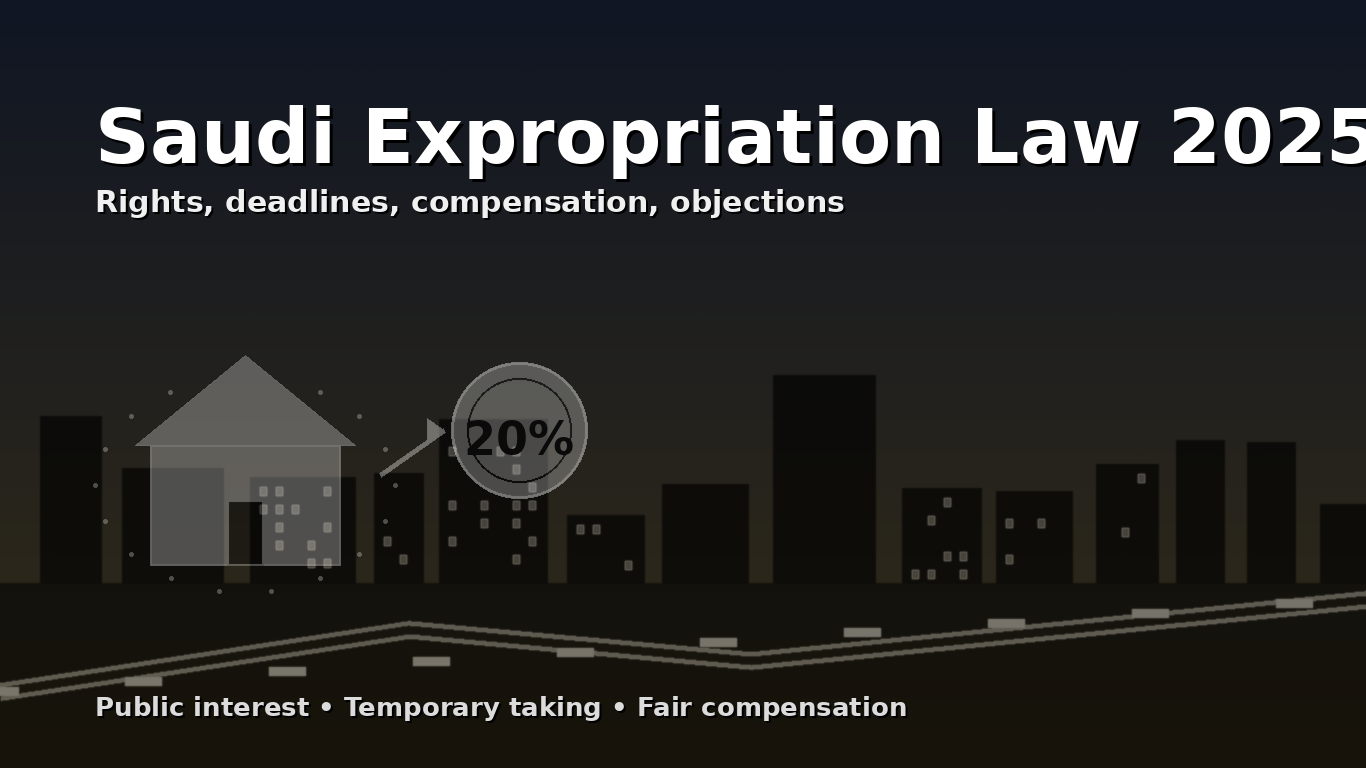 تصميم توضيحي يظهر منزلًا وحدود ملكية مع سهم نحو شارة 20% وخلفية طريق ومبانٍ ترمز لمشاريع البنية التحتية، ويتضمن نصًا بالإنجليزية “Saudi Expropriation Law 2025” للدلالة على نظام نزع الملكية ووضع اليد المؤقت في السعودية.