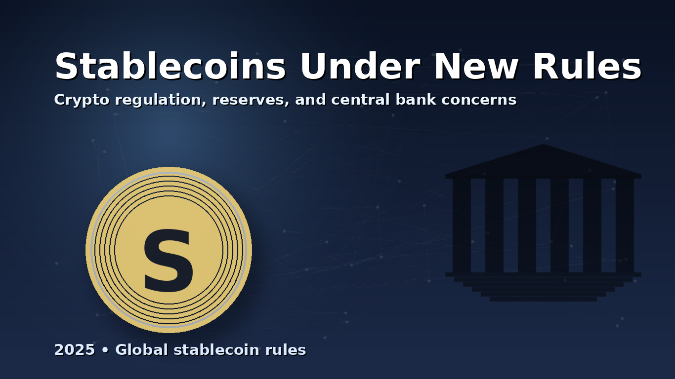 عملة رمزية تمثل stablecoin مع خلفية نمط بلوكشين ومبنى يرمز للبنك المركزي، مع عنوان إنجليزي داخل الصورة “Stablecoins Under New Rules” حول تنظيم العملات المستقرة والكريبتو في 2025.