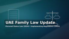 بعنوان “UAE Family Law Update” مع رموز قانونية (ميزان عدالة ووثيقة) يعبّر عن قانون الأحوال الشخصية الإماراتي 2024 ولوائح 2025.