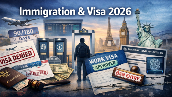 مشهد مطار ببوابات بيومترية ومسافر، مع وثائق وختم رفض وتأشيرة عمل مقبولة وقاعدة 90/180 وبطاقة ترخيص سفر إلكتروني ومعالم عالمية، بعنوان Immigration & Visa 2026.