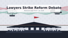 بانر يعرض رموز العدالة ومحكمة بشكل ظلي مع تجمعات رمزية، وعنوان بالإنجليزية “Lawyers Strike Reform Debate” حول إضرابات المحامين ومشروع قانون تنظيم المهنة في المغرب.