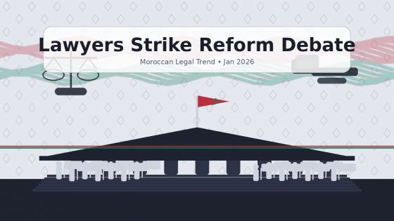 بانر يعرض رموز العدالة ومحكمة بشكل ظلي مع تجمعات رمزية، وعنوان بالإنجليزية “Lawyers Strike Reform Debate” حول إضرابات المحامين ومشروع قانون تنظيم المهنة في المغرب.