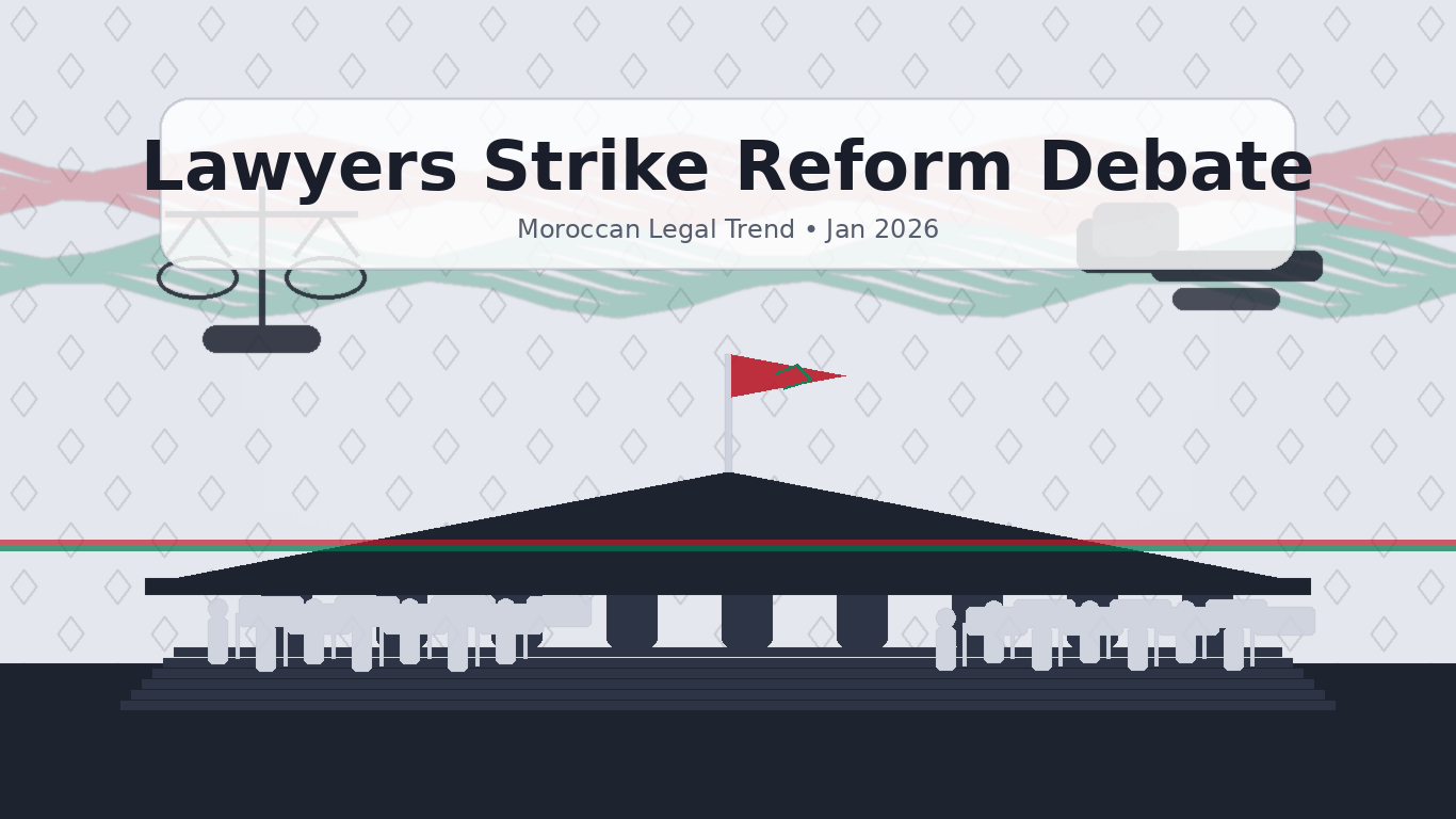 بانر يعرض رموز العدالة ومحكمة بشكل ظلي مع تجمعات رمزية، وعنوان بالإنجليزية “Lawyers Strike Reform Debate” حول إضرابات المحامين ومشروع قانون تنظيم المهنة في المغرب.