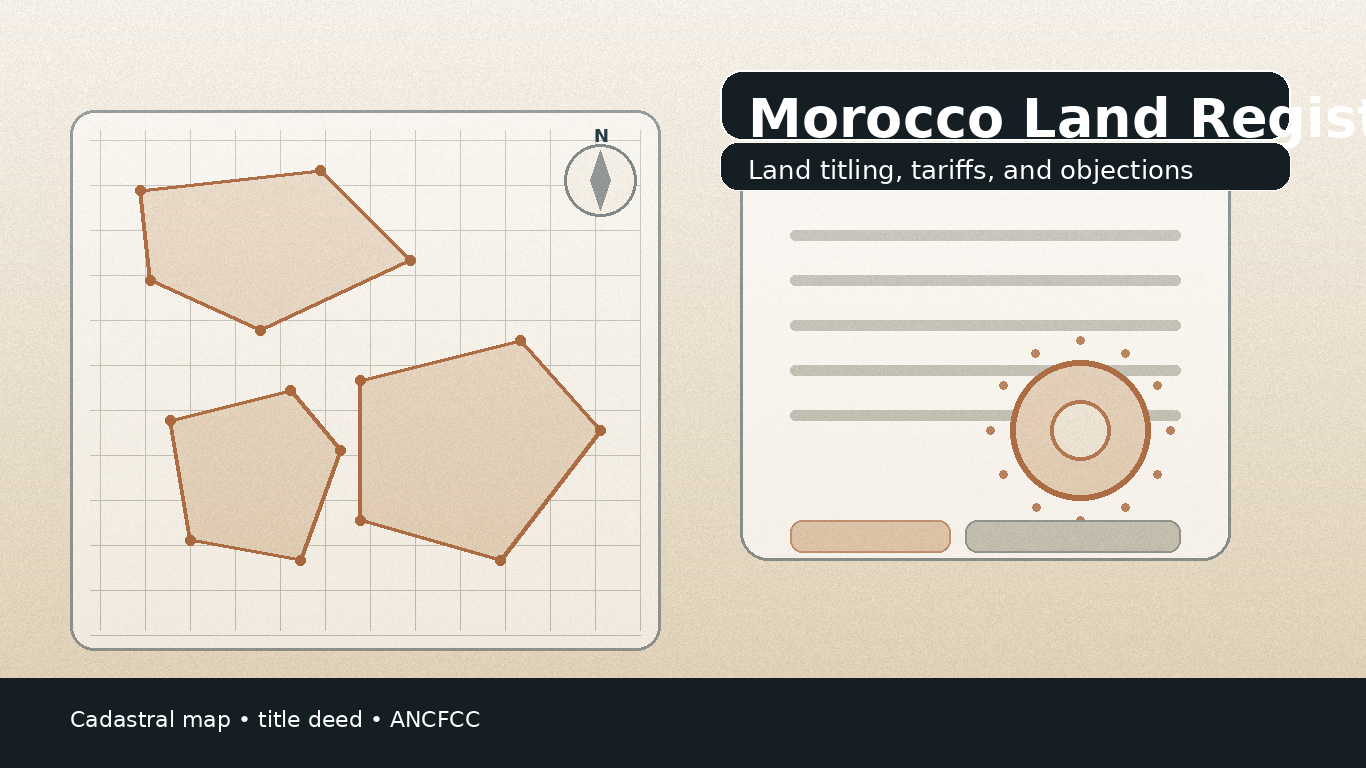 صورة توضيحية عن التحفيظ العقاري في المغرب تُظهر خريطة عقارية وحدود قطع أرضية ووثيقة مع ختم، مع عنوان بالإنجليزية داخل الصورة حول الرسوم والتعرضات.