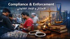 حملات ضبط مخالفات الإقامة والعمل في المملكة العربية السعودية مع رموز العدالة وسيادة القانون في خلفية حضرية حديثة.