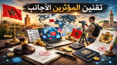 مشهد يوضح تنظيم المؤثرين الأجانب في المغرب عبر التراخيص والضرائب والقوانين الرقمية مع مؤثر يصور محتوى وخلفية لمعالم مغربية ورموز العدالة والتنظيم
