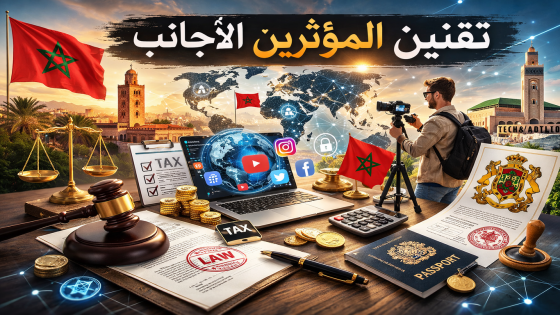 مشهد يوضح تنظيم المؤثرين الأجانب في المغرب عبر التراخيص والضرائب والقوانين الرقمية مع مؤثر يصور محتوى وخلفية لمعالم مغربية ورموز العدالة والتنظيم