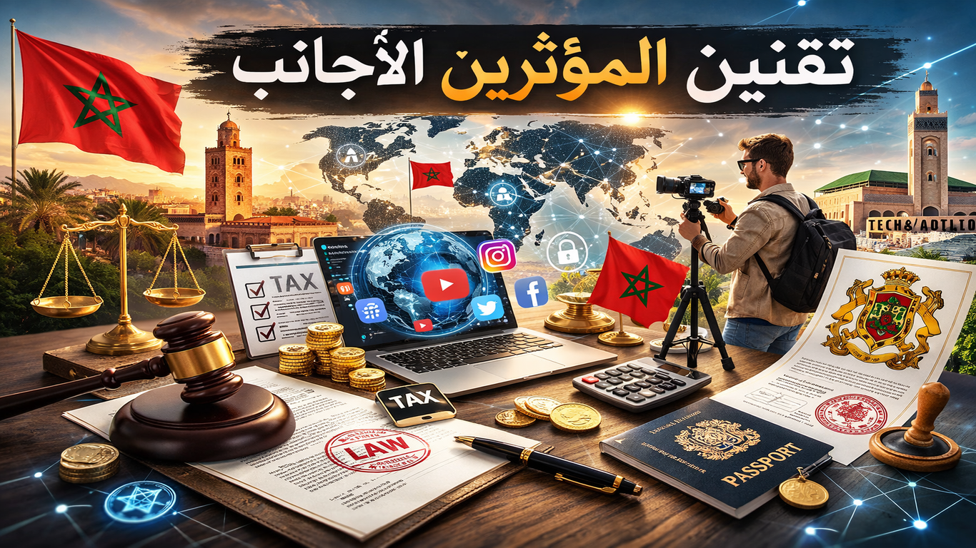 مشهد يوضح تنظيم المؤثرين الأجانب في المغرب عبر التراخيص والضرائب والقوانين الرقمية مع مؤثر يصور محتوى وخلفية لمعالم مغربية ورموز العدالة والتنظيم