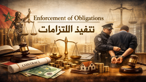 صورة قانونية بعنوان “Enforcement of Obligations / تنفيذ الالتزامات” تضم ميزان العدالة ومطرقة القاضي وعقداً ونقوداً وعقاراً صغيراً مع مشهد تنفيذ جبري في الخلفية.