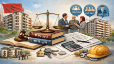 ميزان عدالة فوق كتب قانون 18.00 و106.12 أمام عمارات سكنية بالمغرب مع مخططات وآلة حاسبة ومفاتيح، في إشارة لتسيير الملكية المشتركة.