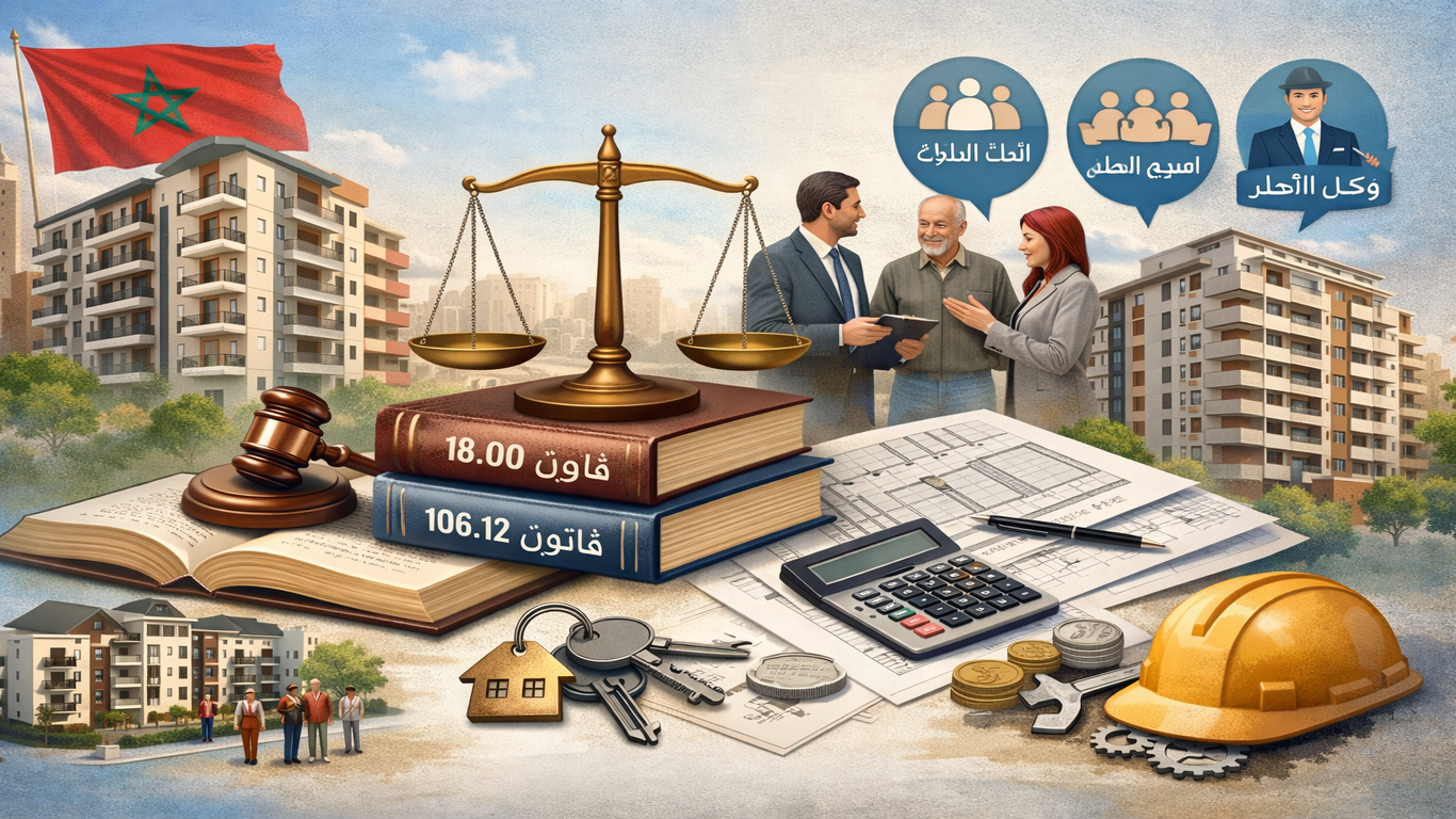 ميزان عدالة فوق كتب قانون 18.00 و106.12 أمام عمارات سكنية بالمغرب مع مخططات وآلة حاسبة ومفاتيح، في إشارة لتسيير الملكية المشتركة.