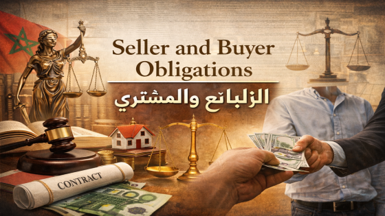 صورة بعنوان “Seller and Buyer Obligations / البائع والمشتري” تُظهر رموز العدالة والعقد ومنزلًا صغيراً مع مشهد تبادل المال لتوضيح التزامات طرفي عقد البيع.