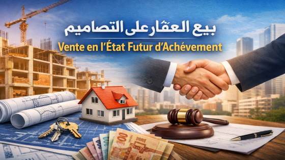 صورة عن بيع العقار في طور الإنجاز: ورشة بناء قيد الإنجاز ومصافحة تعاقدية مع مطرقة قاضٍ وتصاميم ومفاتيح وبيت مصغّر، مع عنوان “بيع العقار على التصاميم” وترجمته الفرنسية.