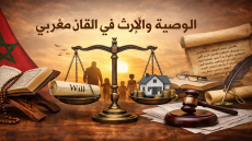 صورة رمزية عن الوصية والإرث في القانون المغربي تضم ميزان العدالة، وثيقة وصية، منزلًا ونقودًا، قرآنًا كريمًا، مطرقة قاضٍ، وجدًّا مع أحفاده في الخلفية.