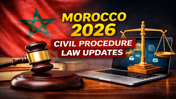 صورة مصغرة لفيديو يوتوب عن قانون المسطرة المدنية الجديد في المغرب 2026، تظهر مطرقة قاض وعلم المغرب وميزان العدالة فوق حاسوب مع عنوان إنجليزي عن تحديثات القانون.