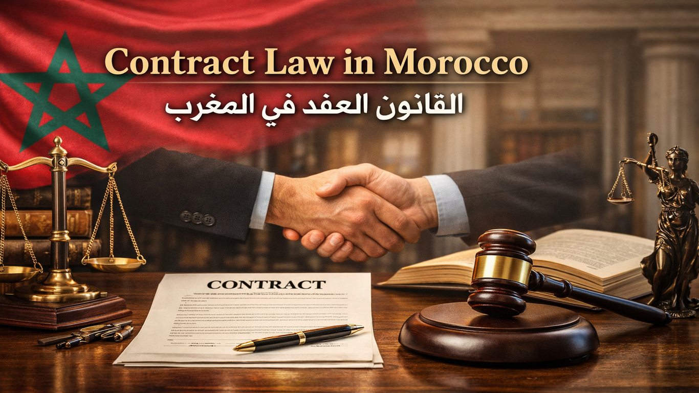 صورة رمزية عن العقد في القانون المغربي، تتضمن مصافحة فوق وثيقة عقد، وميزان العدالة، ومطرقة القاضي، وكتب قانونية، مع العلم المغربي في الخلفية، وعنوان بالإنجليزية والعربية.