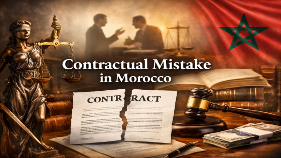 صورة مصغرة قانونية عن الغلط في التعاقد بالمغرب، تتضمن سيدة العدالة، عقداً ممزقاً، مطرقة القاضي، ميزان العدالة، والعلم المغربي، مع عنوان إنجليزي في الوسط.