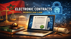صورة رقمية توضيحية عن العقود الإلكترونية في القانون المغربي، تضم حاسوباً يعرض عقداً إلكترونياً، وميزان العدالة، ومطرقة قاضٍ، وكتاب قانون، والعلم المغربي، ورمز قفل رقمي، مع عنوان بالإنجليزية: Electronic Contracts Moroccan Law.