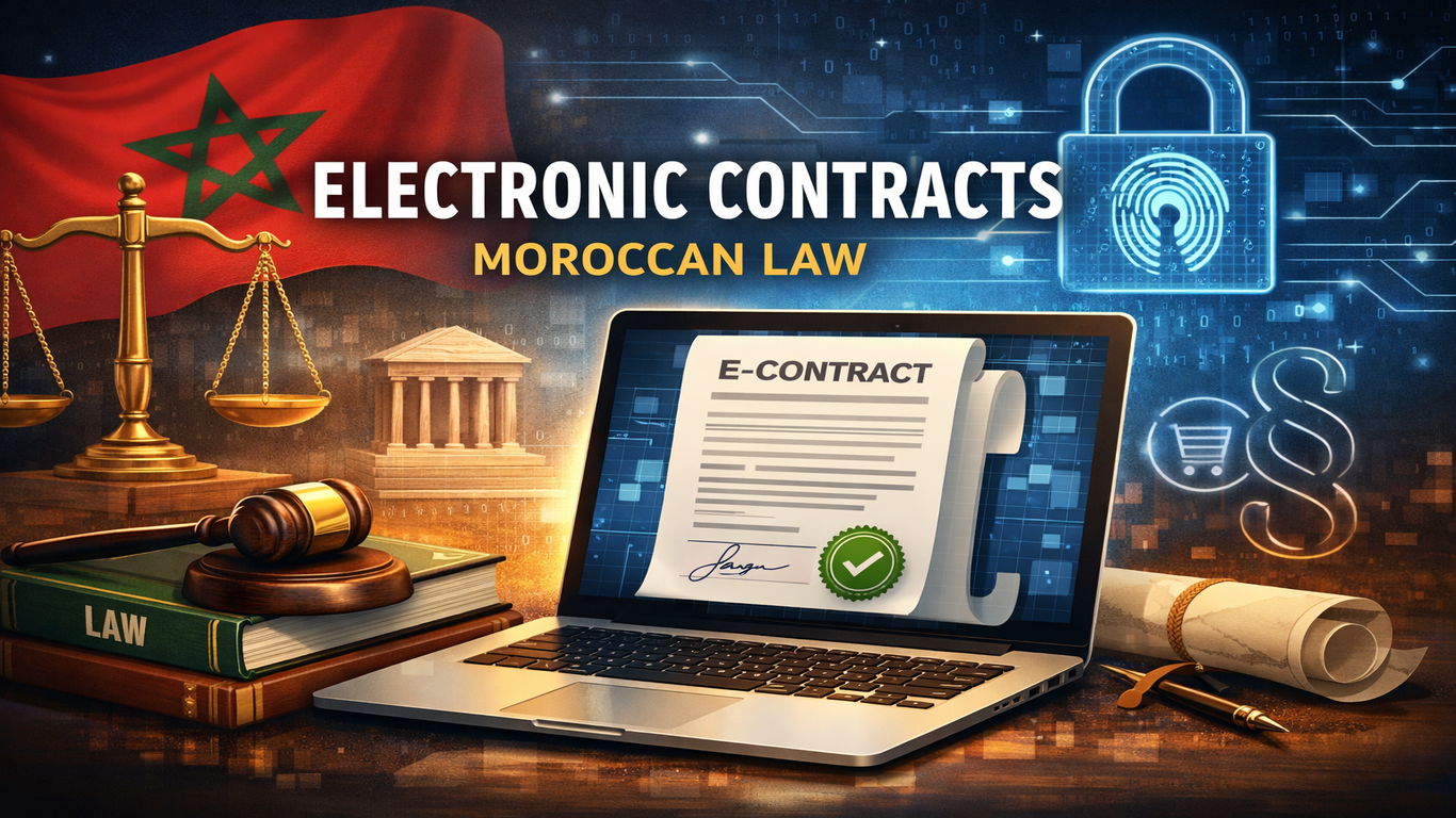 صورة رقمية توضيحية عن العقود الإلكترونية في القانون المغربي، تضم حاسوباً يعرض عقداً إلكترونياً، وميزان العدالة، ومطرقة قاضٍ، وكتاب قانون، والعلم المغربي، ورمز قفل رقمي، مع عنوان بالإنجليزية: Electronic Contracts Moroccan Law.