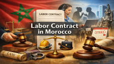 تصميم يبرز عقد الشغل في المغرب مع العلم المغربي ومطرقة القاضي وميزان العدالة ووثيقة “LABOR CONTRACT” وعنوان “Labor Contract in Morocco”.
