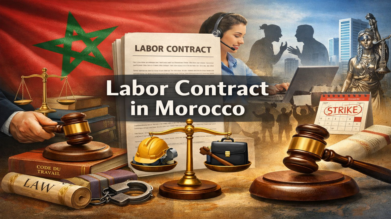 تصميم يبرز عقد الشغل في المغرب مع العلم المغربي ومطرقة القاضي وميزان العدالة ووثيقة “LABOR CONTRACT” وعنوان “Labor Contract in Morocco”.