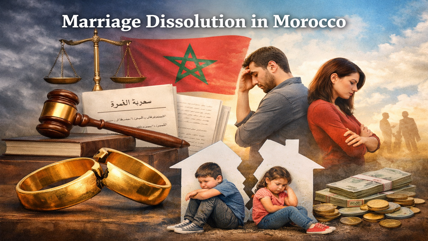 تصميم رقمي عن انحلال ميثاق الزوجية في المغرب، يضم زوجين منفصلين، طفلين حزينين، خاتمي زواج مكسورين، ميزان العدالة، مطرقة قاضٍ، مدونة الأسرة المغربية، وأموال ترمز للنفقة، مع عنوان إنجليزي أعلى الصورة.