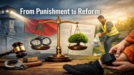 صورة رقمية تجسد تطور الجزاء الجنائي في المغرب من العقوبة السجنية إلى الإصلاح، وتضم برج سجن وأسلاكاً شائكة وميزان عدالة وأصفاداً وسواراً إلكترونياً وشخصاً يؤدي عملاً للمنفعة العامة، مع عنوان بالإنجليزية: From Punishment to Reform.