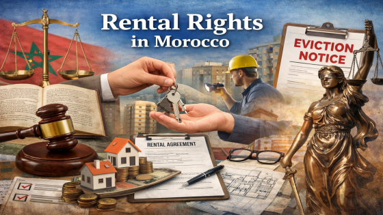 مشهد قانوني عن الكراء بالمغرب يظهر تسليم مفاتيح فوق عقد كراء مع مطرقة قاضٍ وميزان العدالة والعلم المغربي وإشعار بالإفراغ وتمثال العدالة وخلفية مبانٍ سكنية.