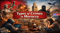 تصميم بصري عن الجرائم في المغرب يظهر تمثال العدالة والعلم المغربي وميزانًا ومطرقة وكتب قانونية، مع عناصر ترمز للإرهاب والجرائم الإلكترونية والشرطة وكاميرا مراقبة، وعنوان: “Types of Crimes in Morocco”.